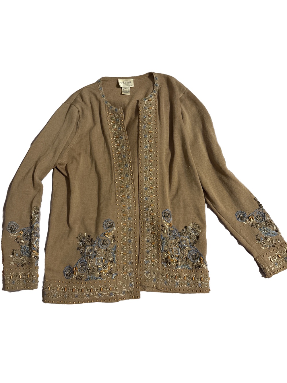 Oscar de la Renta Embellished Camel Brown Beaded Cardigan 100% wool